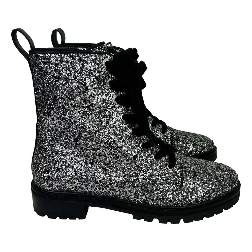 Kate Spade Jemma Glitter Combat Boots Lace Up Shoes Sparkle Leather Silver 7.5
